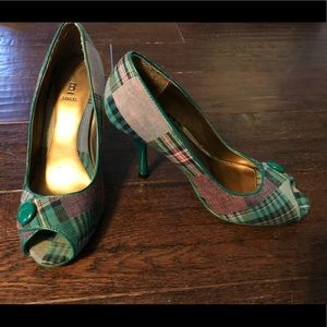 Bakers Teal Plaid Peep Toe Heels